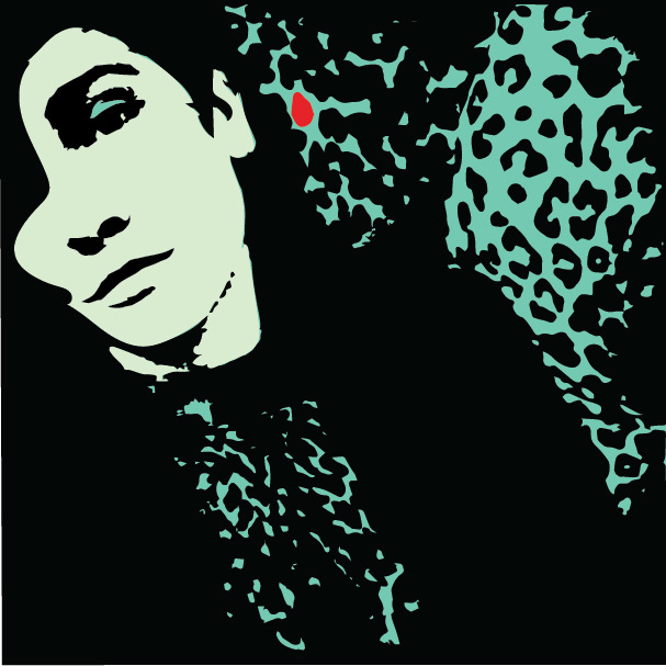 this is a stylised picture of Jen Agosta with an animal print background