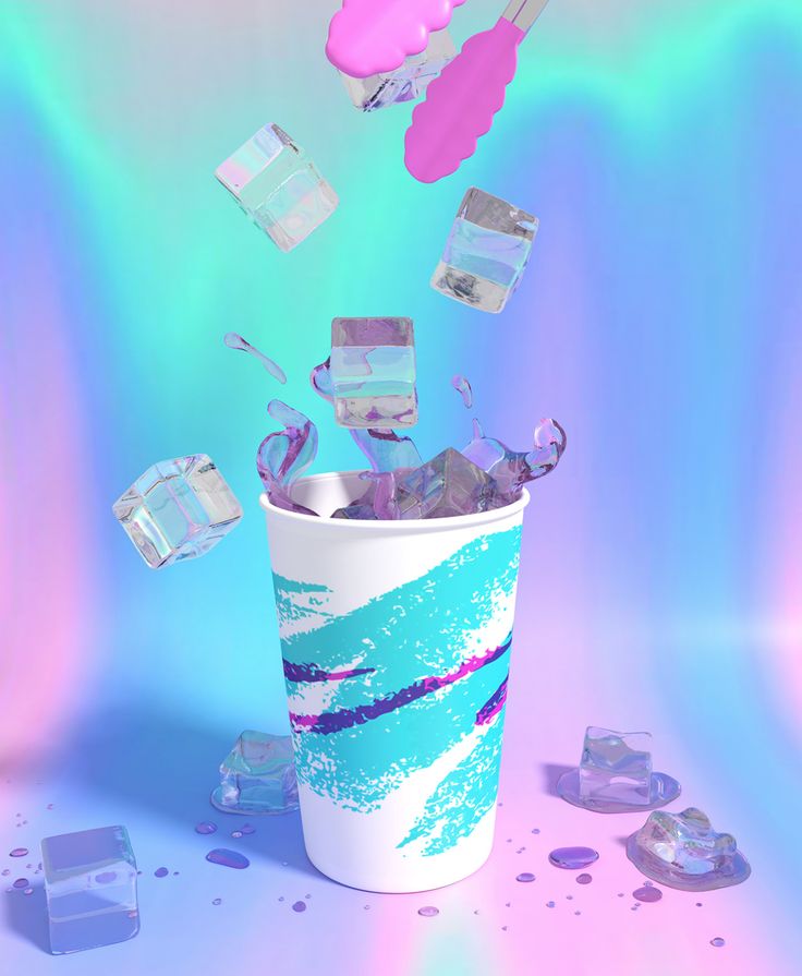 this is a vaporwave solo cup with pink tongs dropping ice in