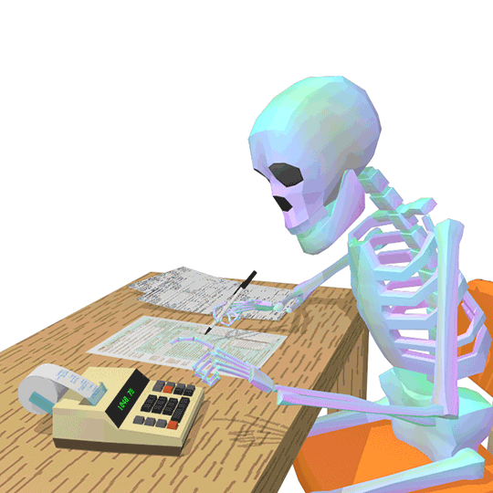 This is an animated gif of a skeleton typing numbers into a calculator and writing them down in a legder.