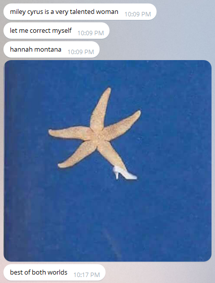 this is a screenshot of a chat. There is a picture of a dried starfish on a blue background with one leg inside of a small, white high heel.