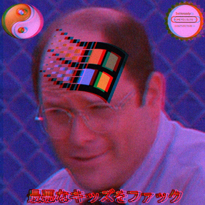 this is a pixellated image of a balding, middle aged man with glasses (George Costanza from the 90's sitcom <i>Seinfeld</i>). He has the windows95 logo on top of his head. There is a yin yang sign in the upper left hand corner and a nintendo seal of approval in the right. There is unrelated Japanese text in red along the bottom.
