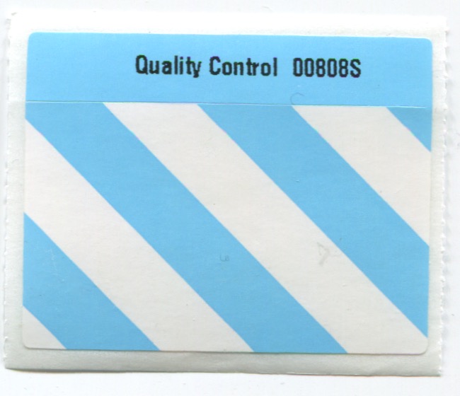 a blue and white striped sticker depicting the words: quality control 00808S