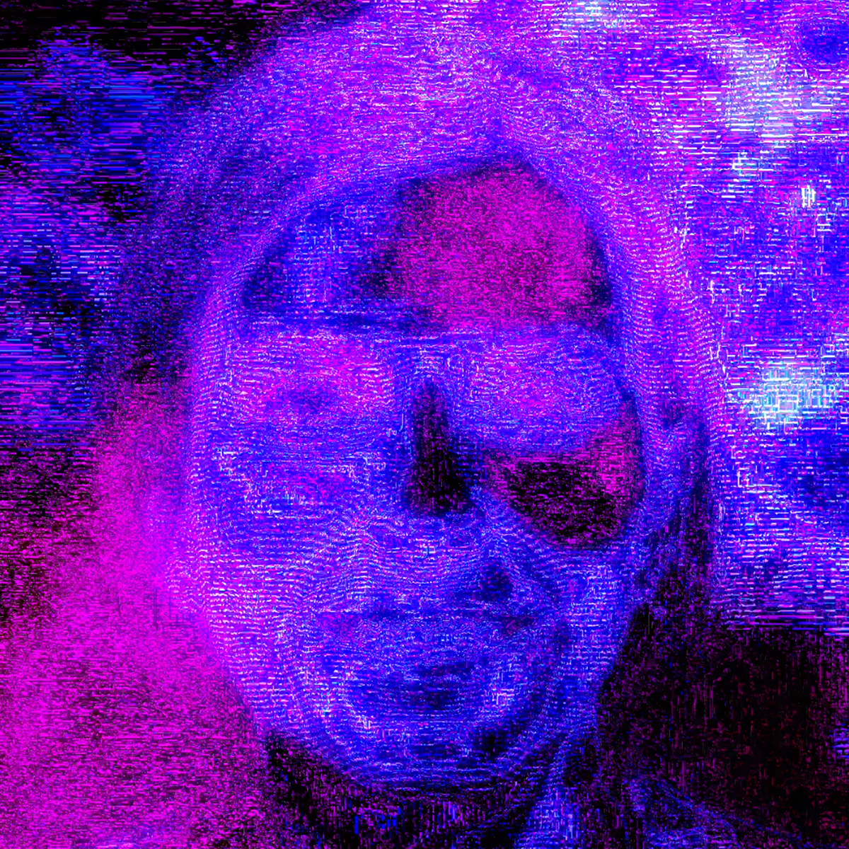 Abstract pixelated purple and blue graphics of someone's face