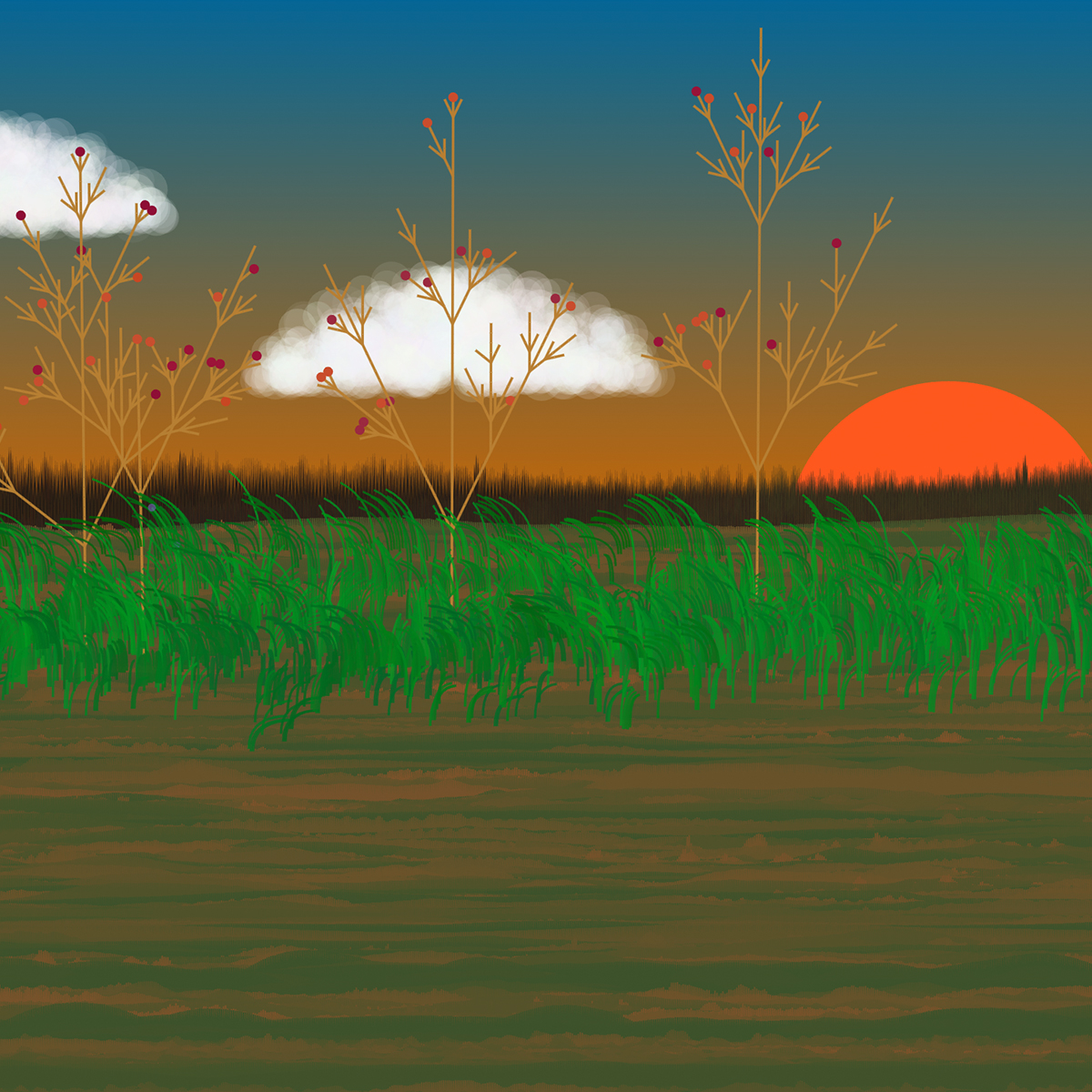 2D graphics of a sunset over a grassy field with trees