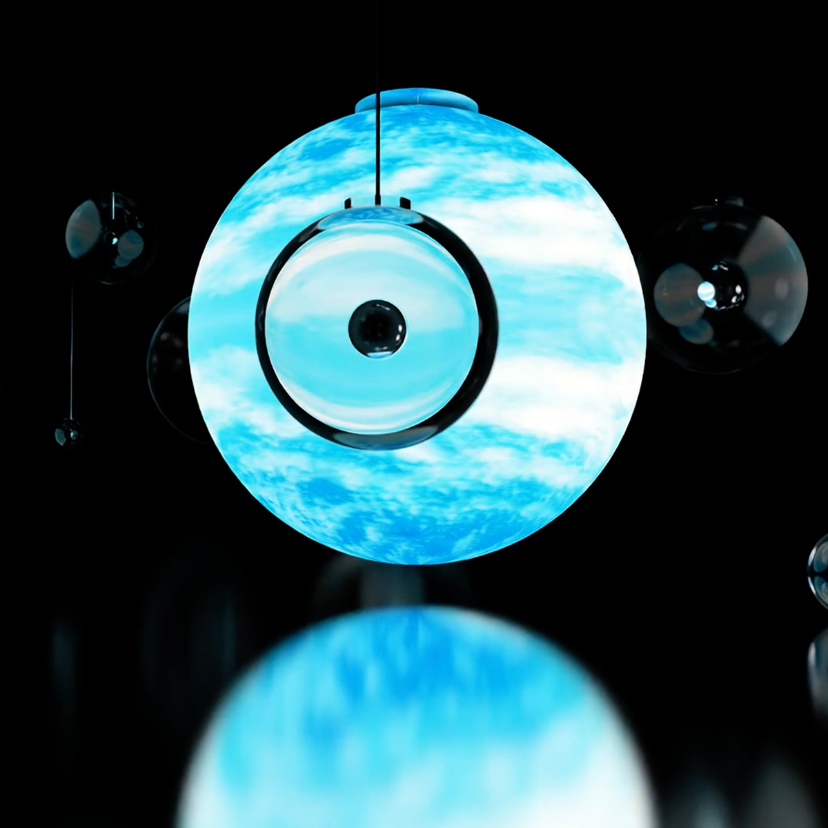 Glass spheres containing AI imagined skies